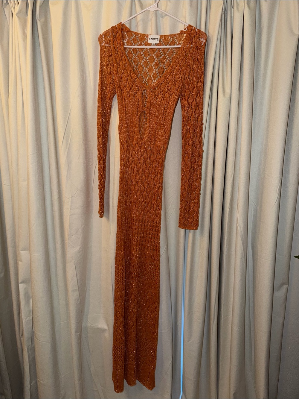 Snöys Open-Knit V-Neck Maxi Dress in Rust